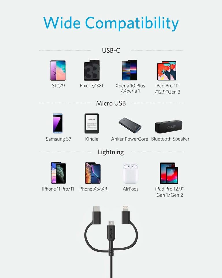 Anker <b>321</b> USB-A to Lightning Cable (3 ft 3-in-1)