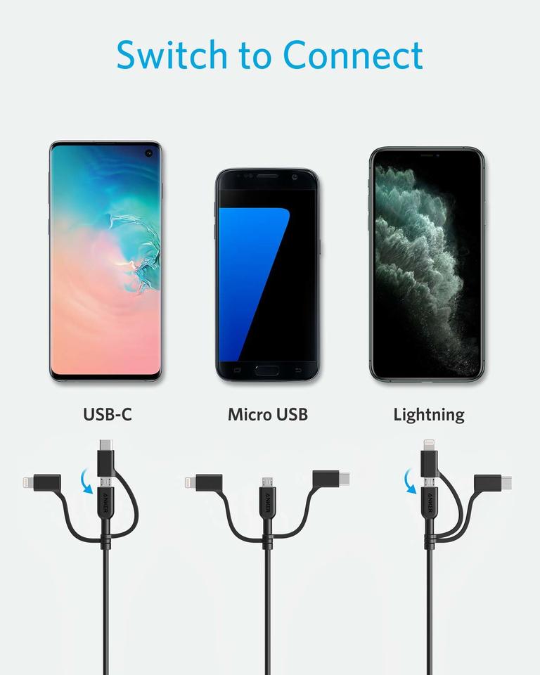 Anker <b>321</b> USB-A to Lightning Cable (3 ft 3-in-1)