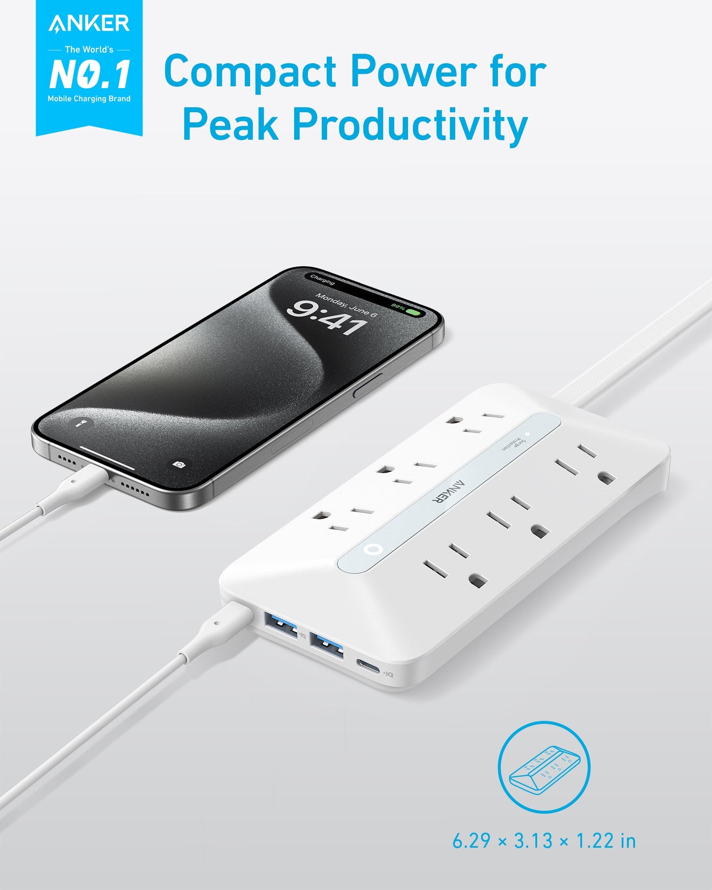 Anker Flat Plug Power Strip 300J with USB Ports, 10-in-1 Ultra Thin Power Strip with 6 AC, 2 USB-A and 2 USB-C Ports,5feet Extension Cord, Desk Charging Station,Home Office College Dorm (White)