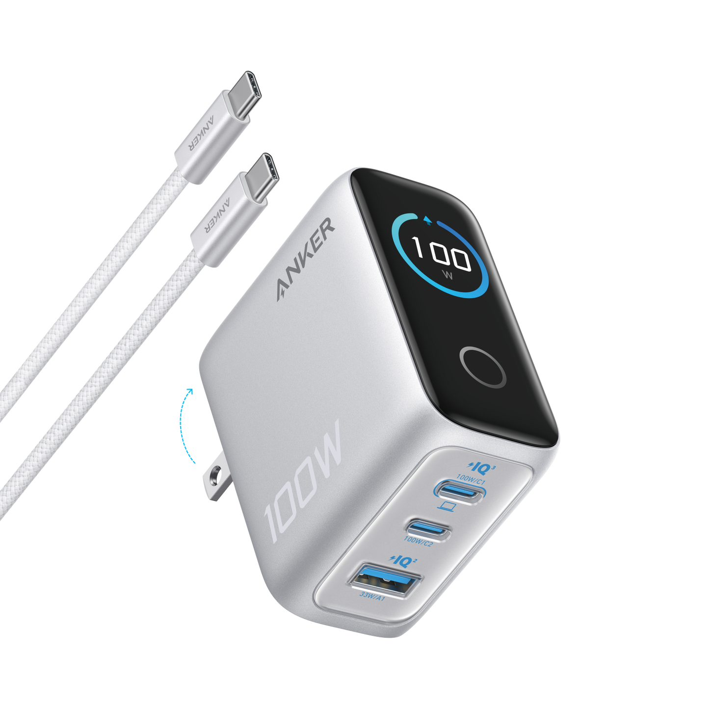 Anker Charger (100W, 3 Ports, Smart Display)