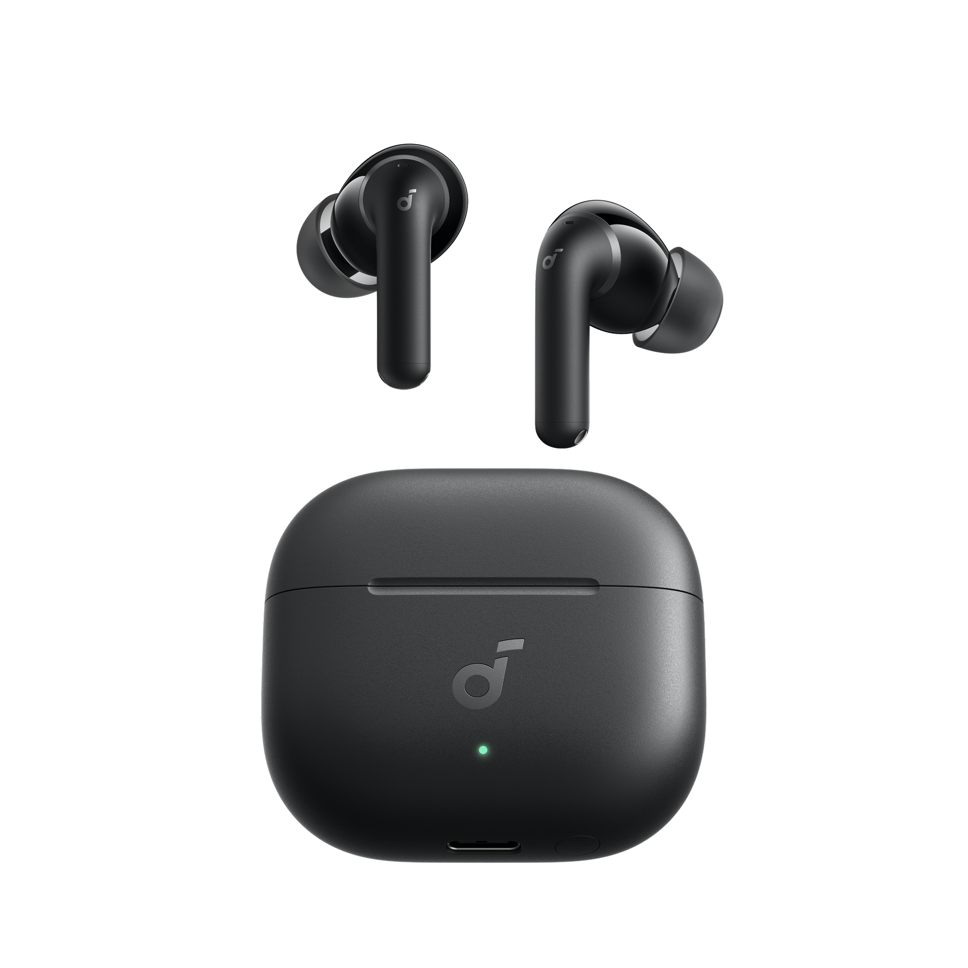 Black wireless earbuds and their matching charging case on a plain white background, with a small green LED indicator light on the case.