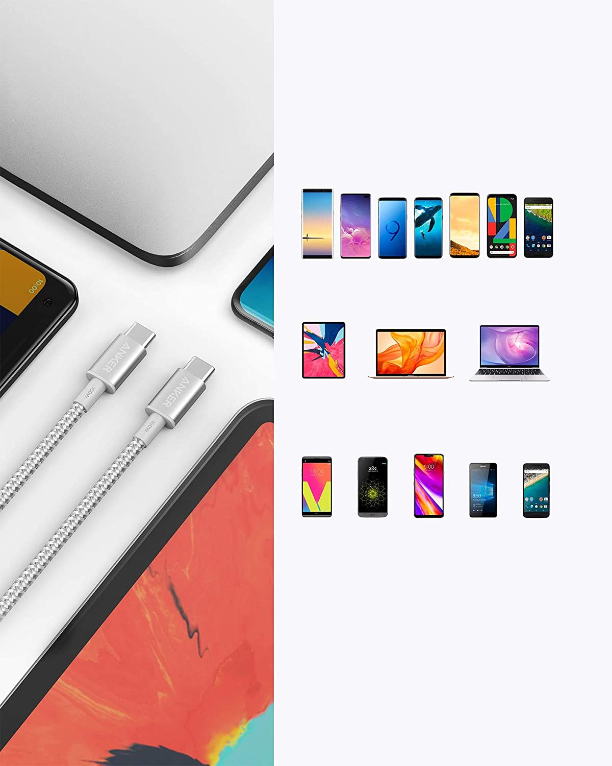 New Nylon USB-C to USB-C 100W Cable (10 ft)